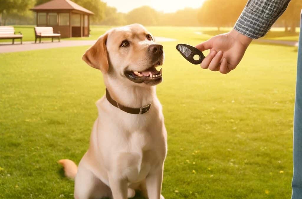 A cheerful Labrador sitting attentively in a sunny park, looking up at a clicker held by a pet guardian, exemplifying positive reinforcement in behavior modification training for dogs.