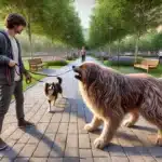 A pet parent in a city park calmly handles two leashed dogs, one of whom is slightly reactive, demonstrating behavior training techniques like Leslie McDevitt’s 1-2-3 Pattern Game.