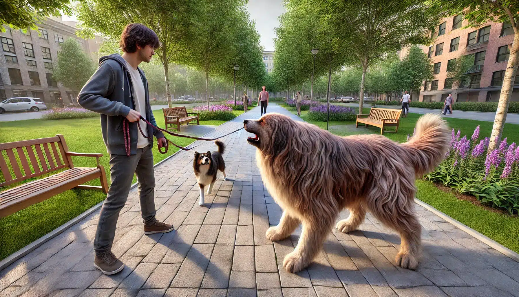 A pet parent in a city park calmly handles two leashed dogs, one of whom is slightly reactive, demonstrating behavior training techniques like Leslie McDevitt’s 1-2-3 Pattern Game.