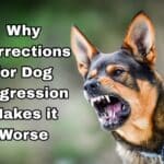 Aggressive dog baring teeth mid-snarl, wearing a collar, with bold text warning that corrections for dog aggression make behavior worse
