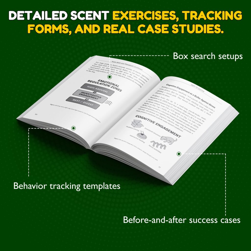 Open pages from the book Sniff to Soothe by Will Bangura showing diagrams on emotional regulation zones and cognitive engagement, highlighting behavior tracking templates, box search setups, and real before-and-after case studies demonstrating progress through structured scent work.