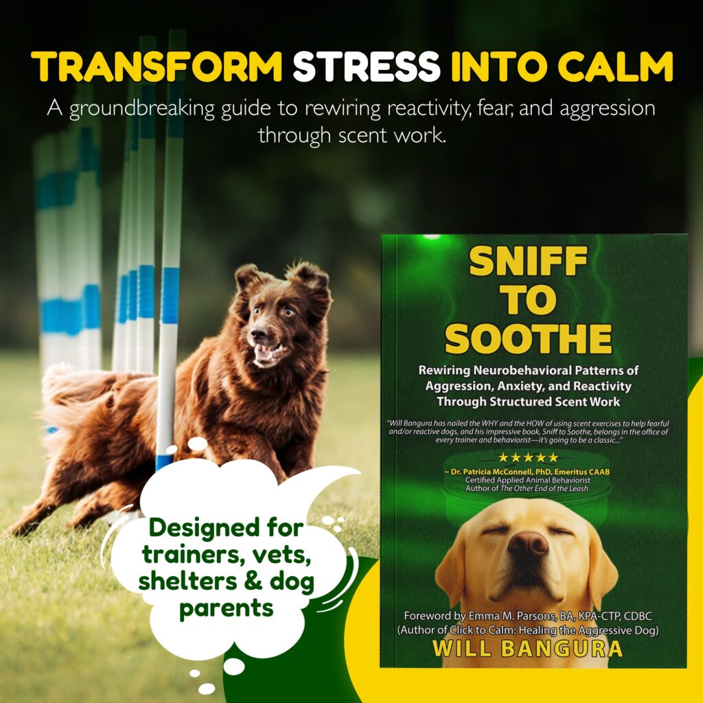 Promotional image for Sniff to Soothe by Will Bangura showing a dog running through agility poles beside the book cover, with text reading “Transform Stress into Calm.” The image highlights that the book is designed for trainers, veterinarians, shelters, and pet parents seeking science-based methods to reduce fear, anxiety, and aggression through scent work.