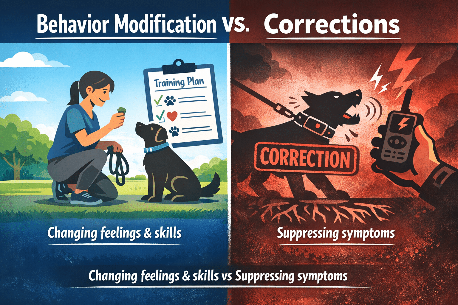 Illustration comparing behavior modification in dog training, changing feelings and skills, versus corrections using an e collar to suppress symptoms in a reactive dog.