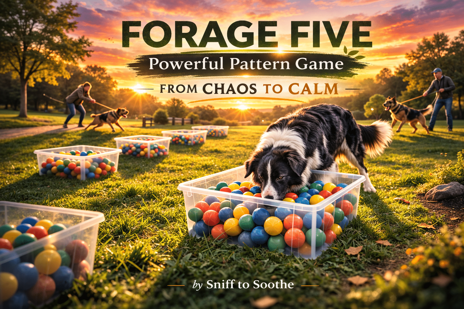 Sniff to Soothe Forage Five pattern game, a dog searches treats in a ball-filled bin while a reactive dog on leash calms in a park before-and-after scene.