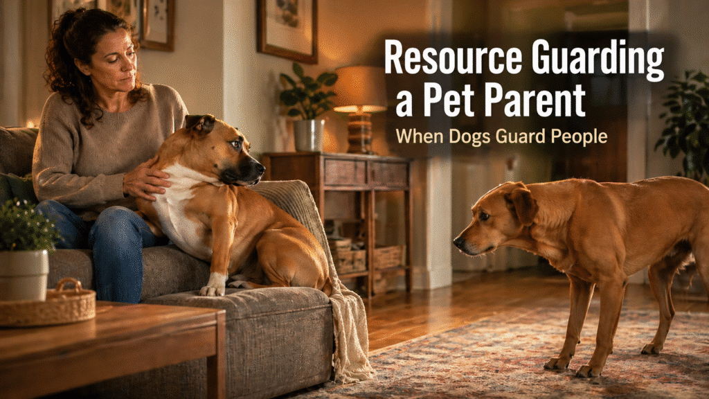 Dog sitting with a pet parent on a couch while watching another dog approach, illustrating resource guarding of a person at home.