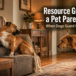 Dog sitting with a pet parent on a couch while watching another dog approach, illustrating resource guarding of a person at home.