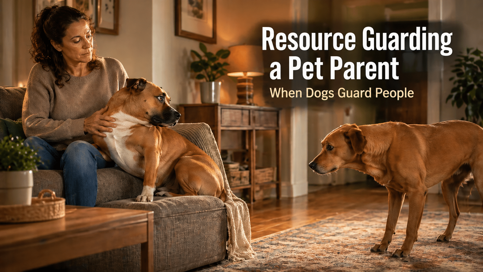 Dog sitting with a pet parent on a couch while watching another dog approach, illustrating resource guarding of a person at home.