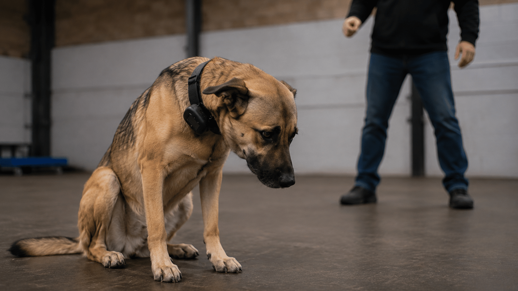 Shut-down dog after aversive training, illustrating fallout from failed previous training