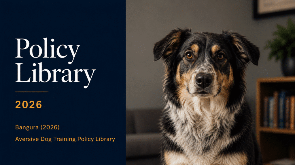 Policy Library 2026 cover image for Bangura (2026) Aversive Dog Training Policy Library featuring a dog portrait and legislative policy design