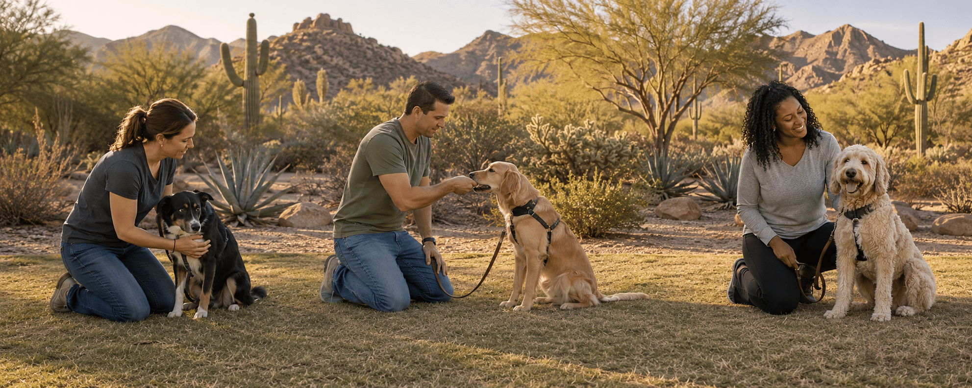 The dog behavior modification process in Phoenix, Arizona: three pet parents working with their dogs in a Sonoran desert setting, showing the progression from an unsure dog to calm focus and a relaxed, confident dog through force-free, evidence-based behavior modification.