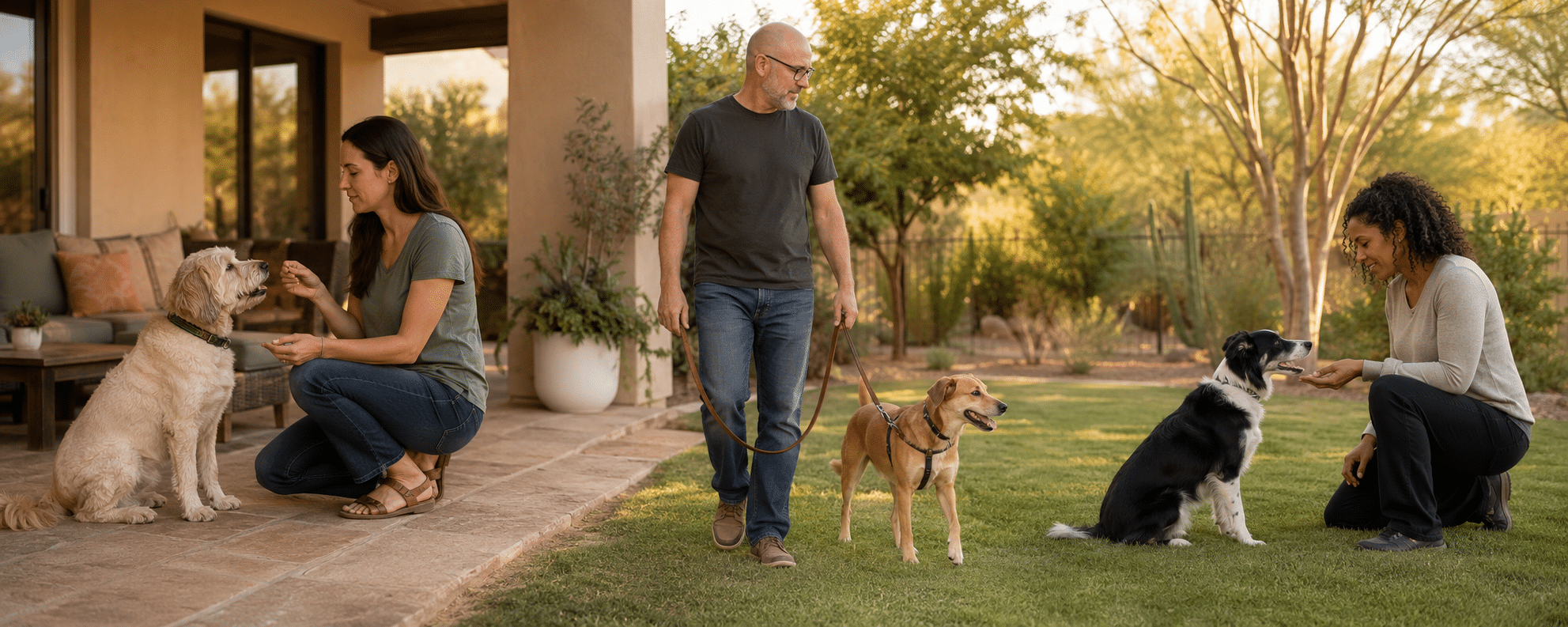 Force-free behavior modification services in Phoenix: three pet parents working with their dogs in a calm desert home setting, practicing counterconditioning, loose-leash walking, and positive reinforcement exercises with relaxed, comfortable dogs.
