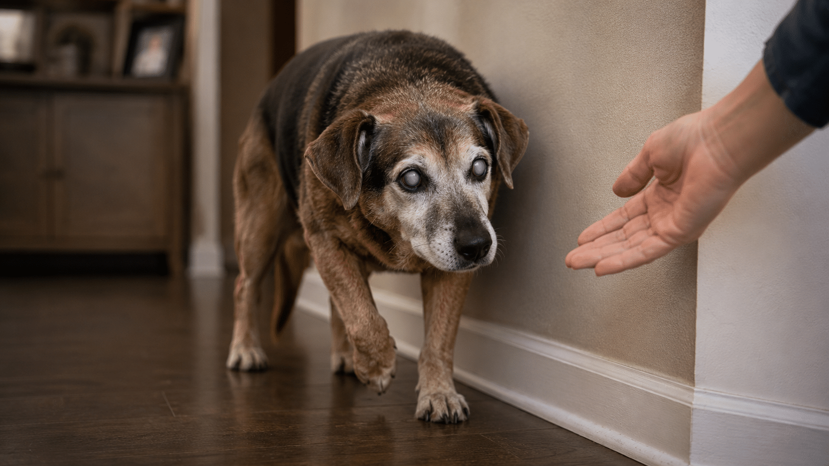 Senior dog with cloudy eyes navigating cautiously, illustrating blind and deaf dog behavior