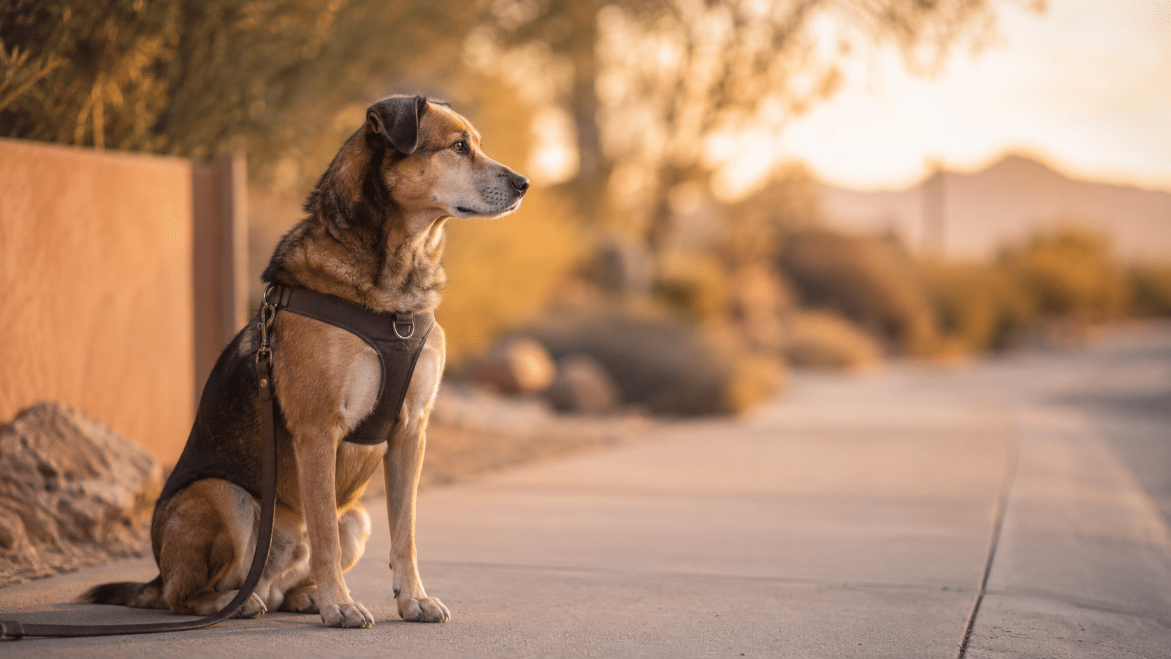 A calm, alert dog sits in golden hour light on a Phoenix sidewalk, wearing a properly fitted Y-front harness with a slack leash draping to the ground. Soft desert landscape in the background.