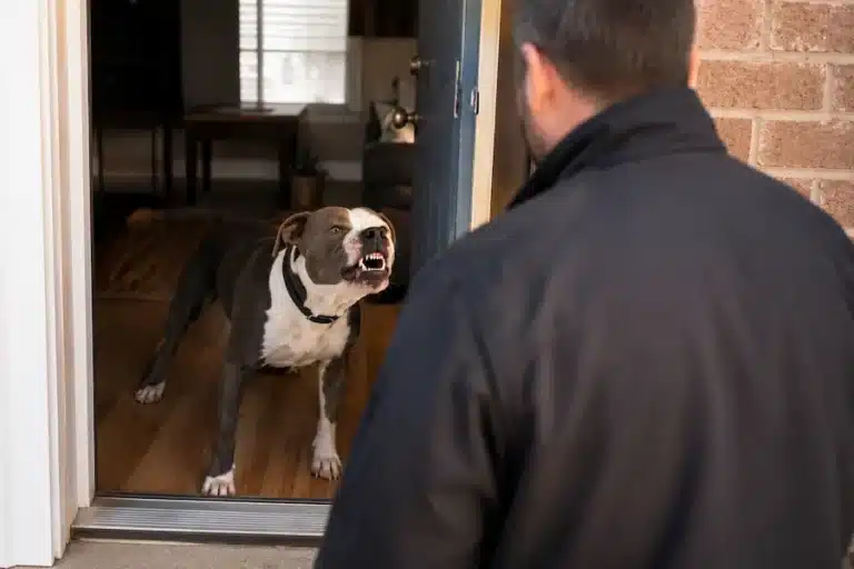 Dog showing aggression toward a person, illustrating aggression toward people