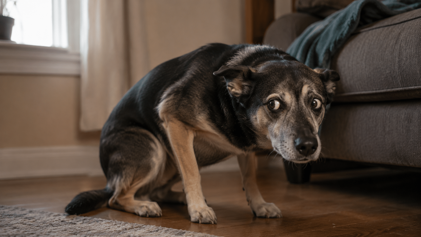 Anxious, fearful dog showing stress body language, illustrating canine anxiety and fear