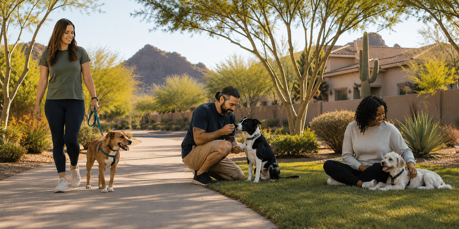 Three Phoenix pet parents with their dogs in a calm desert park, showing what successful dog behavior modification looks like in real life: a relaxed dog walking on a loose leash, a dog calmly taking a reward, and a content dog resting beside its guardian.
