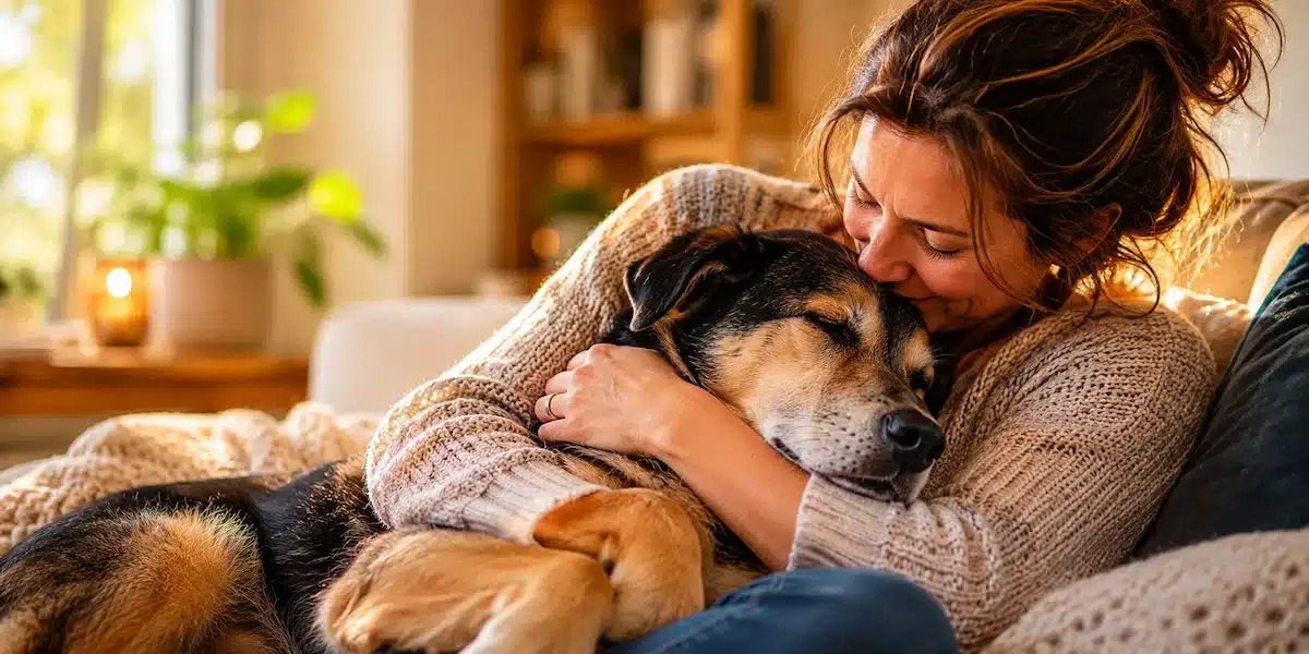 A pet parent tenderly embracing her calm, resting dog at home, representing hope for severe and complex dog behavior cases handled by a certified canine behaviorist in Phoenix when other trainers cannot help.