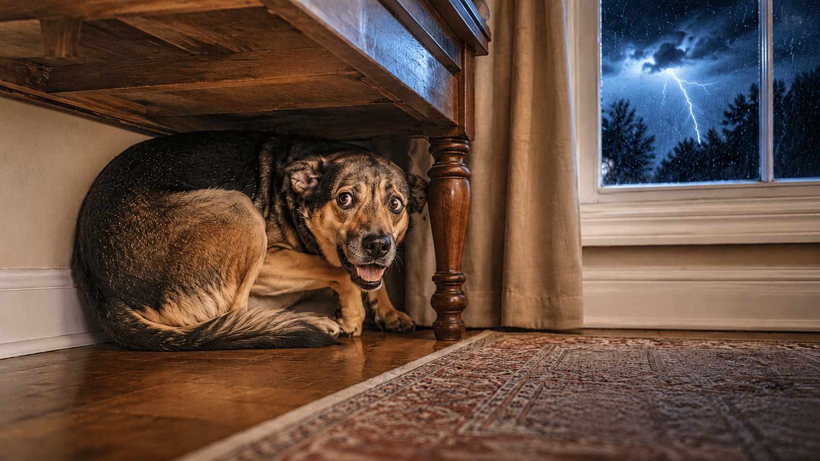 Dog hiding in panic during a thunderstorm, illustrating noise and storm phobias
