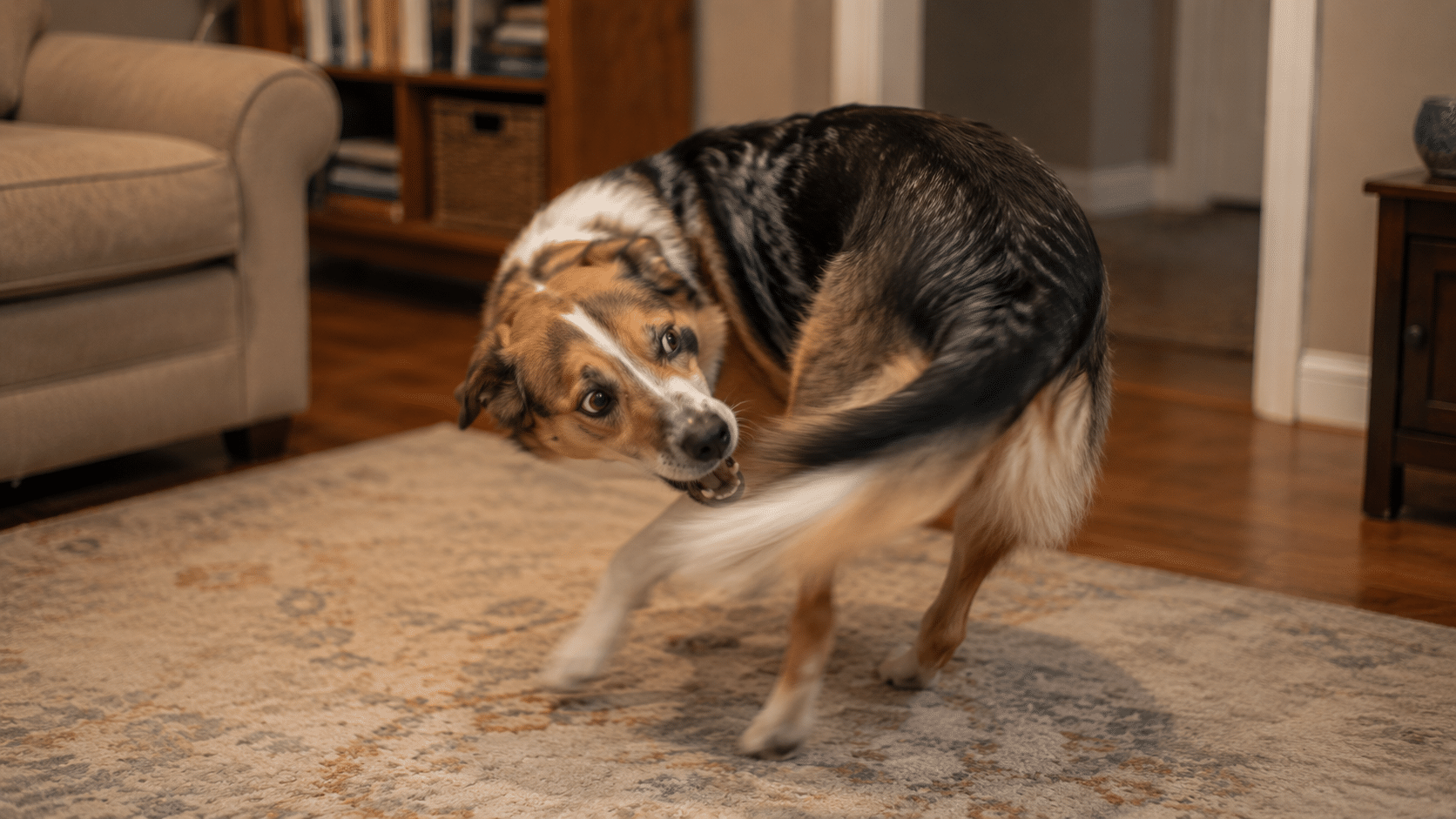 Dog in a compulsive tail-chasing spin, illustrating canine compulsive behaviors