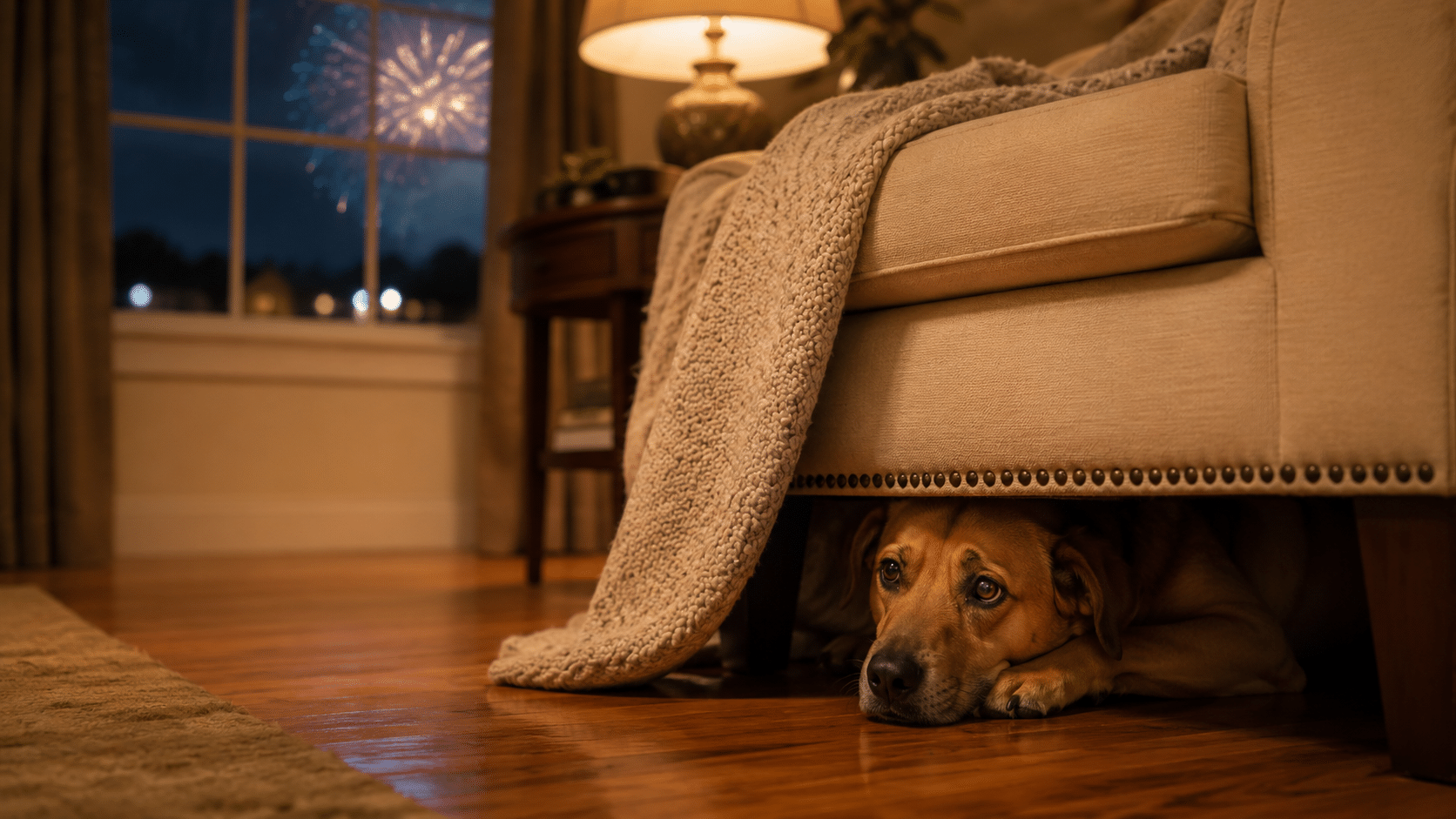 A frightened dog hiding under an armchair during fireworks on the Fourth of July, showing classic signs of canine noise phobia and fear