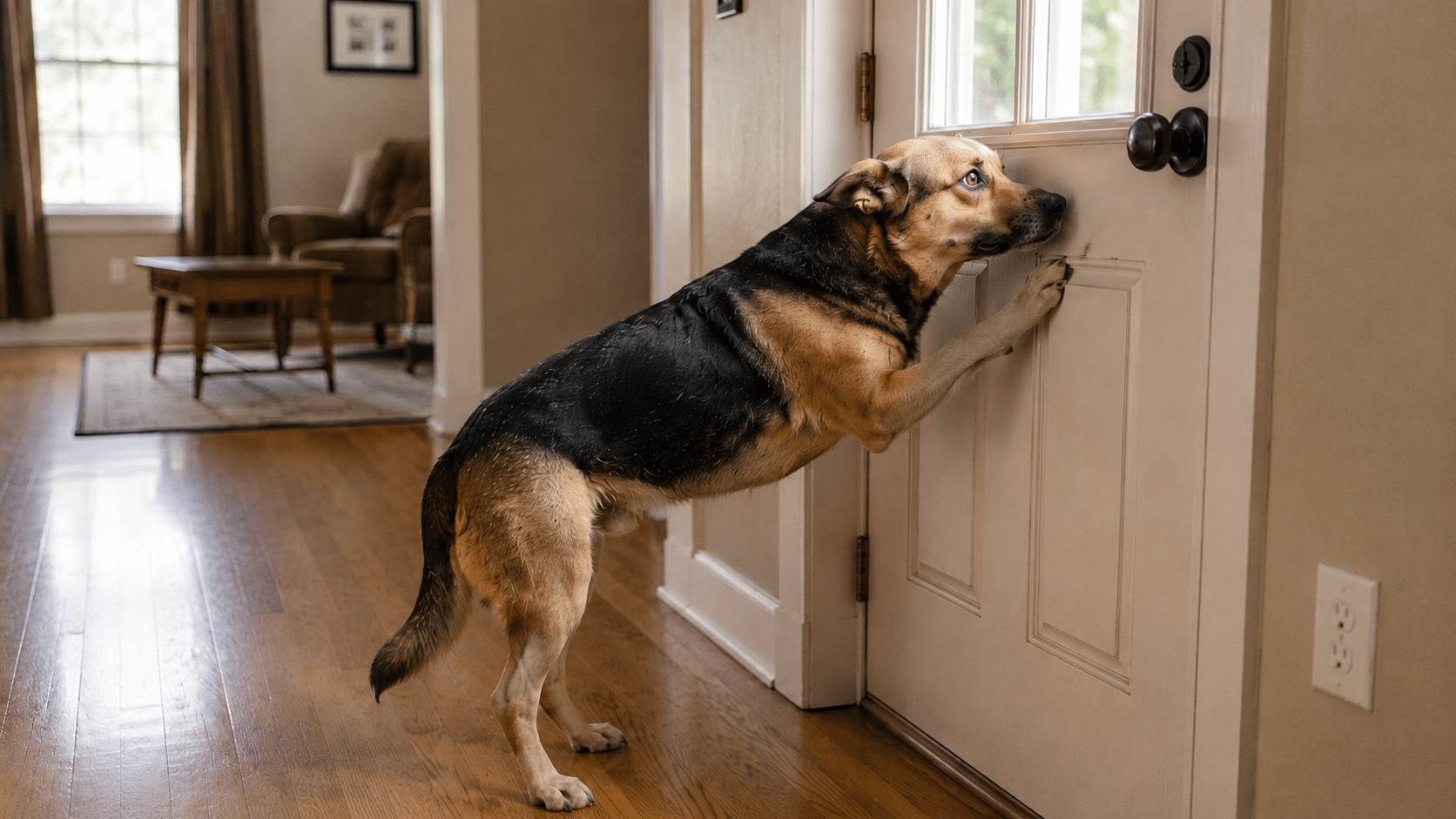 Distressed dog alone at the door, illustrating canine separation anxiety