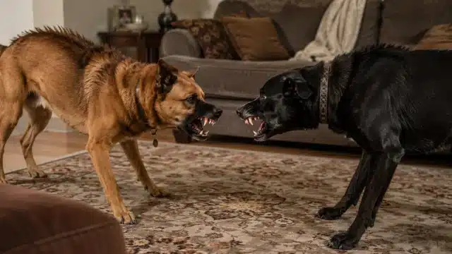 Two dogs in a tense standoff indoors, illustrating dogs fighting in the same home