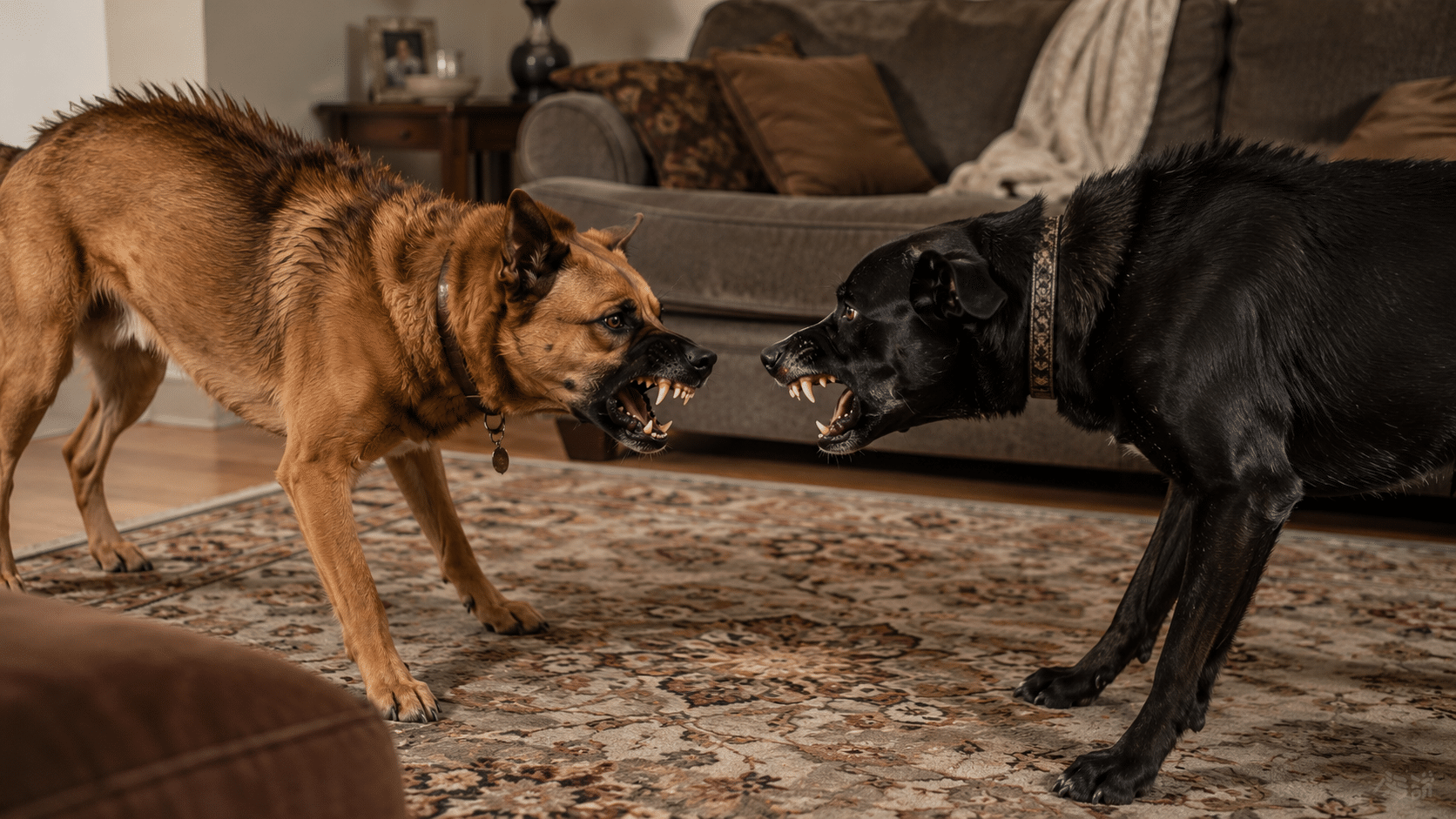 Two dogs in a tense standoff indoors, illustrating dogs fighting at home