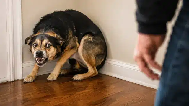 Frightened dog showing defensive aggression, illustrating fear-based aggression