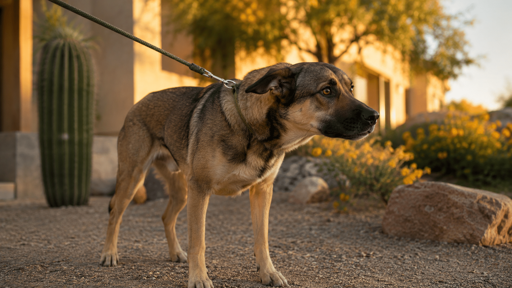 Medium-large dog displaying fear-based defensive body language in a Phoenix residential front yard.