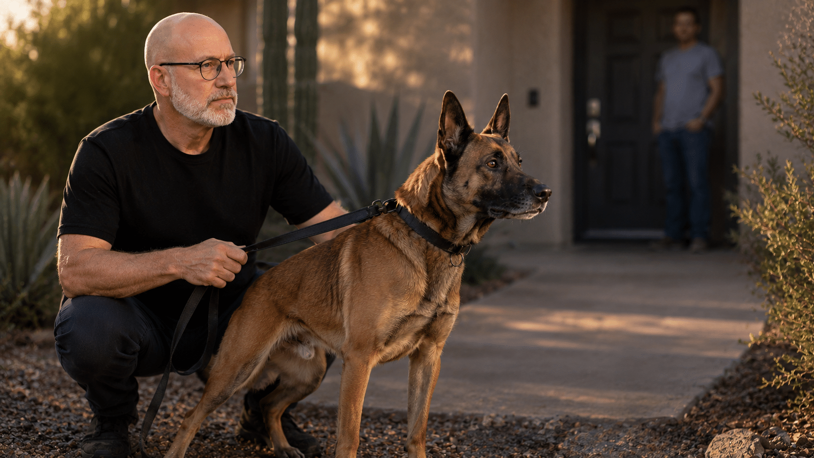 Professional dog behaviorist Will Bangura calmly handling a fearful reactive Belgian Malinois showing defensive aggression toward a stranger near a Phoenix home entrance.
