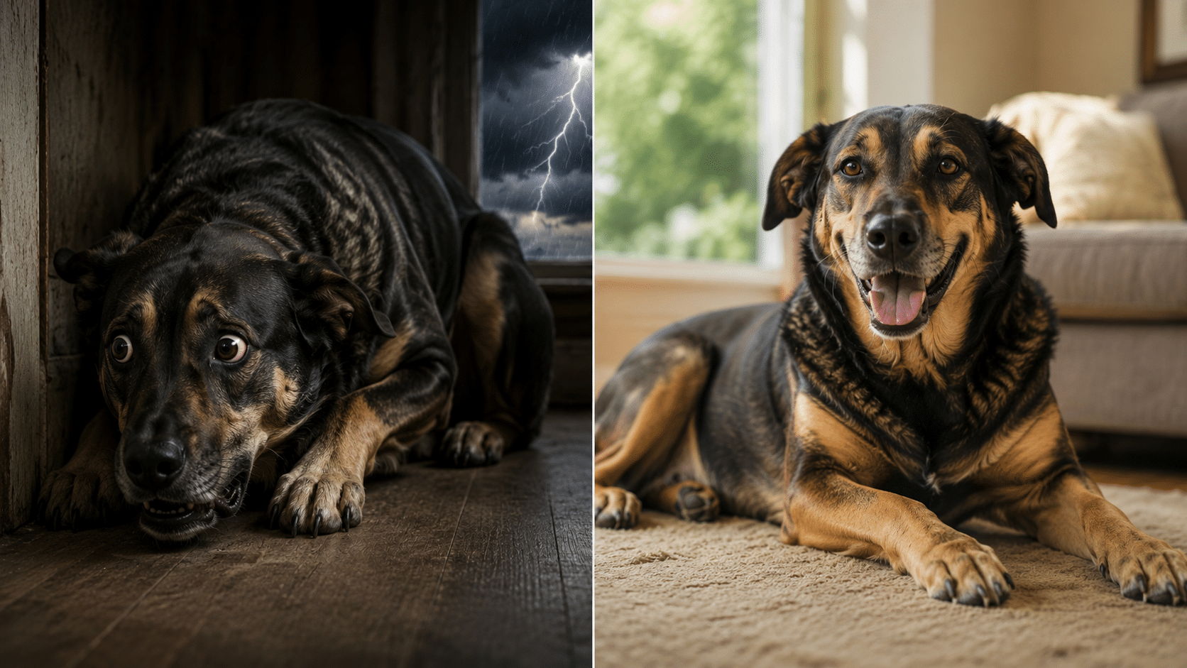 Before and after dog anxiety training in Phoenix, showing a fearful dog becoming calmer and more relaxed.