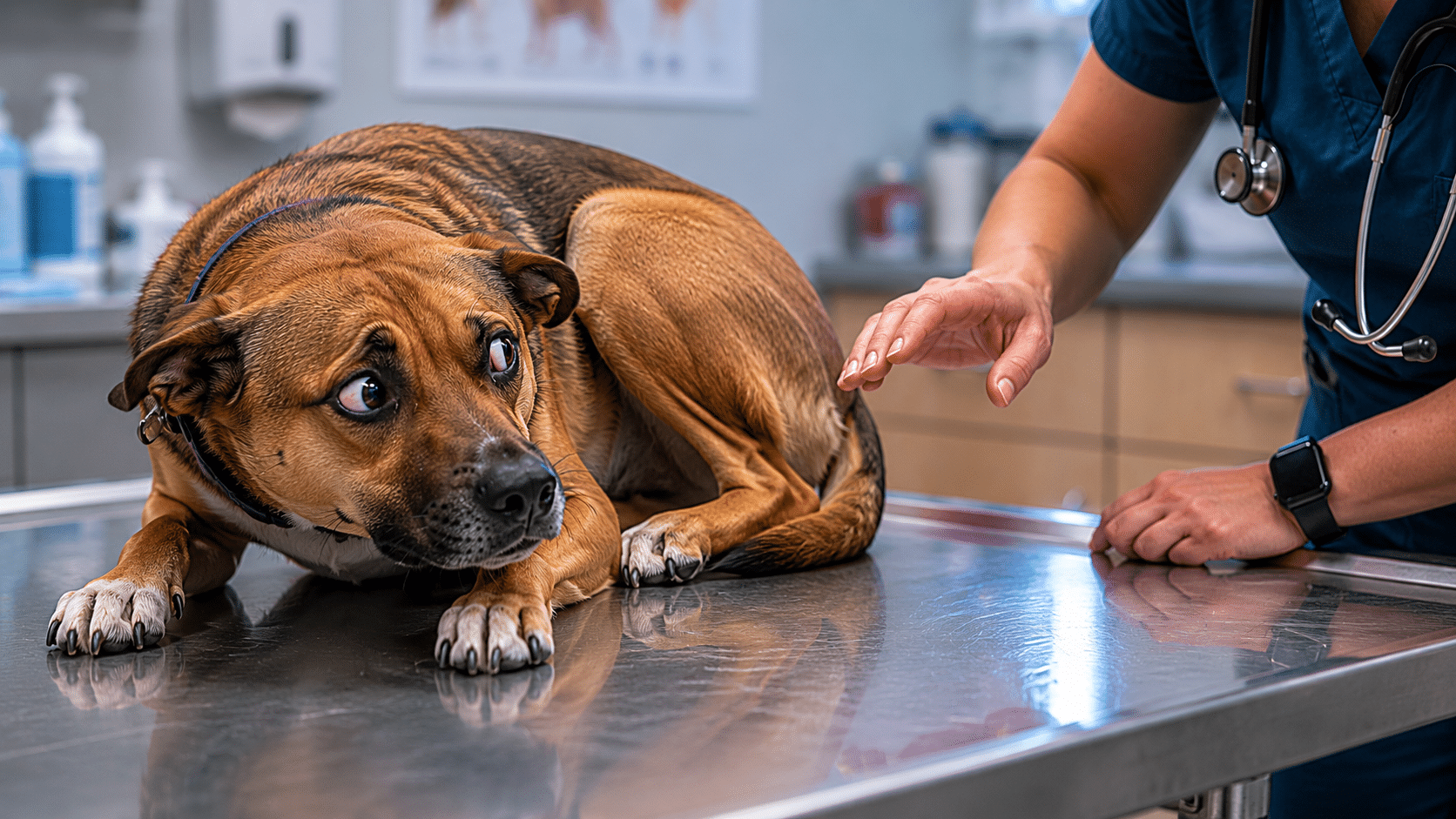 Fearful dog on a veterinary exam table, illustrating vet and grooming fear