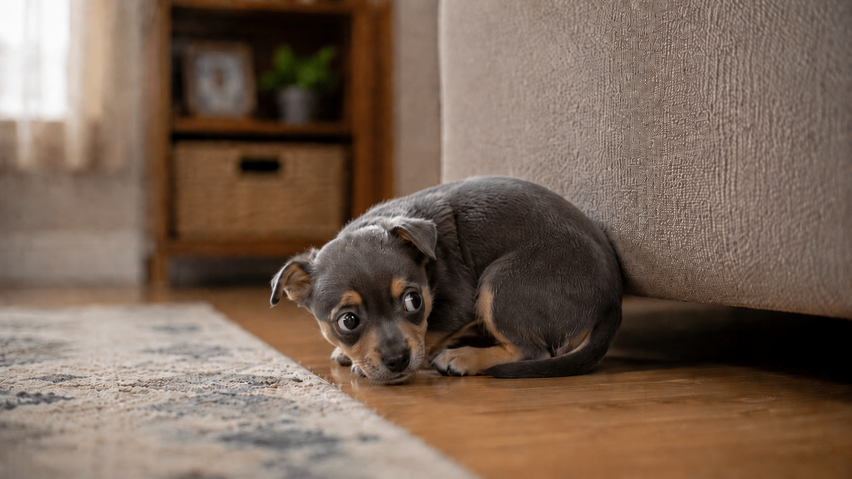 Fearful puppy showing early stress signals, illustrating puppy behavior concerns
