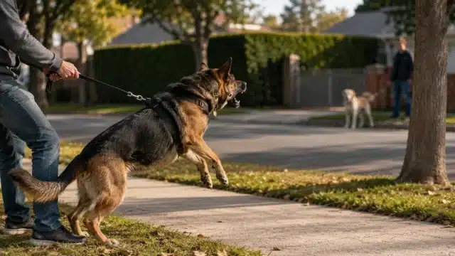 Dog lunging on a taut leash, illustrating leash reactivity
