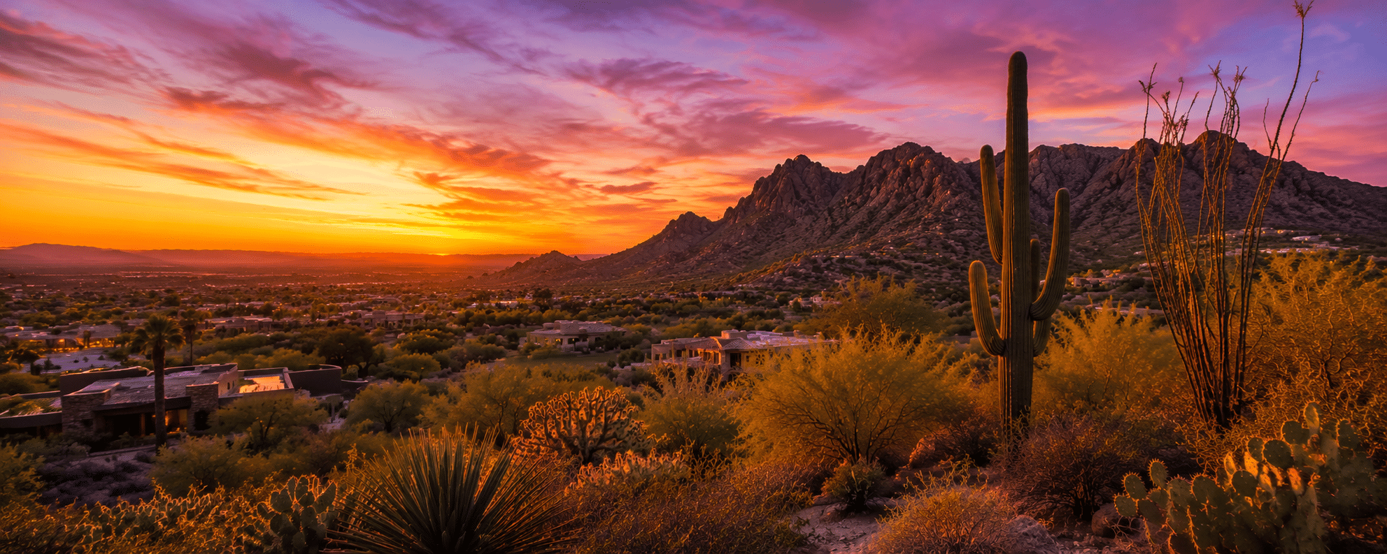Sonoran desert sunset over the Phoenix metro area, with mountains, saguaro cacti, and valley neighborhoods, representing the Phoenix and metro area communities served by certified canine behaviorist Will Bangura.