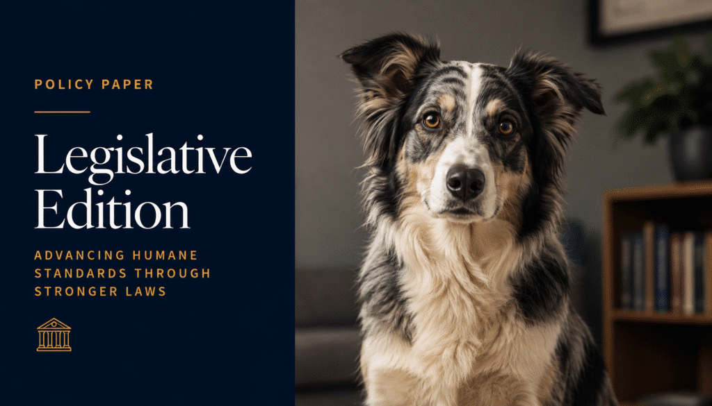 Policy paper legislative edition cover advocating humane dog training standards and stronger animal welfare laws.