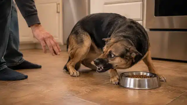 Dog guarding a food bowl, illustrating resource guarding