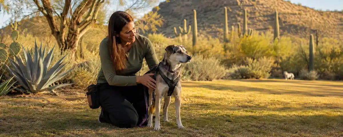 A Phoenix pet parent kneeling calmly beside her dog in a Sonoran desert setting, the dog alert and watchful, showing the kind of real behavior concern that calls for a certified dog behaviorist rather than basic obedience training.