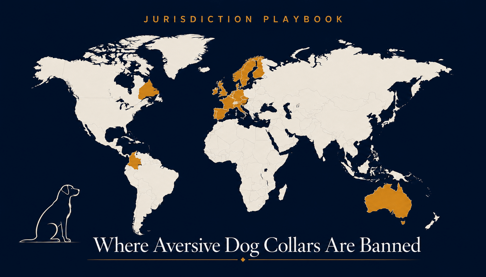 World map showing countries and jurisdictions where electronic collars, prong collars, and choke collars for dogs are banned or legally restricted.