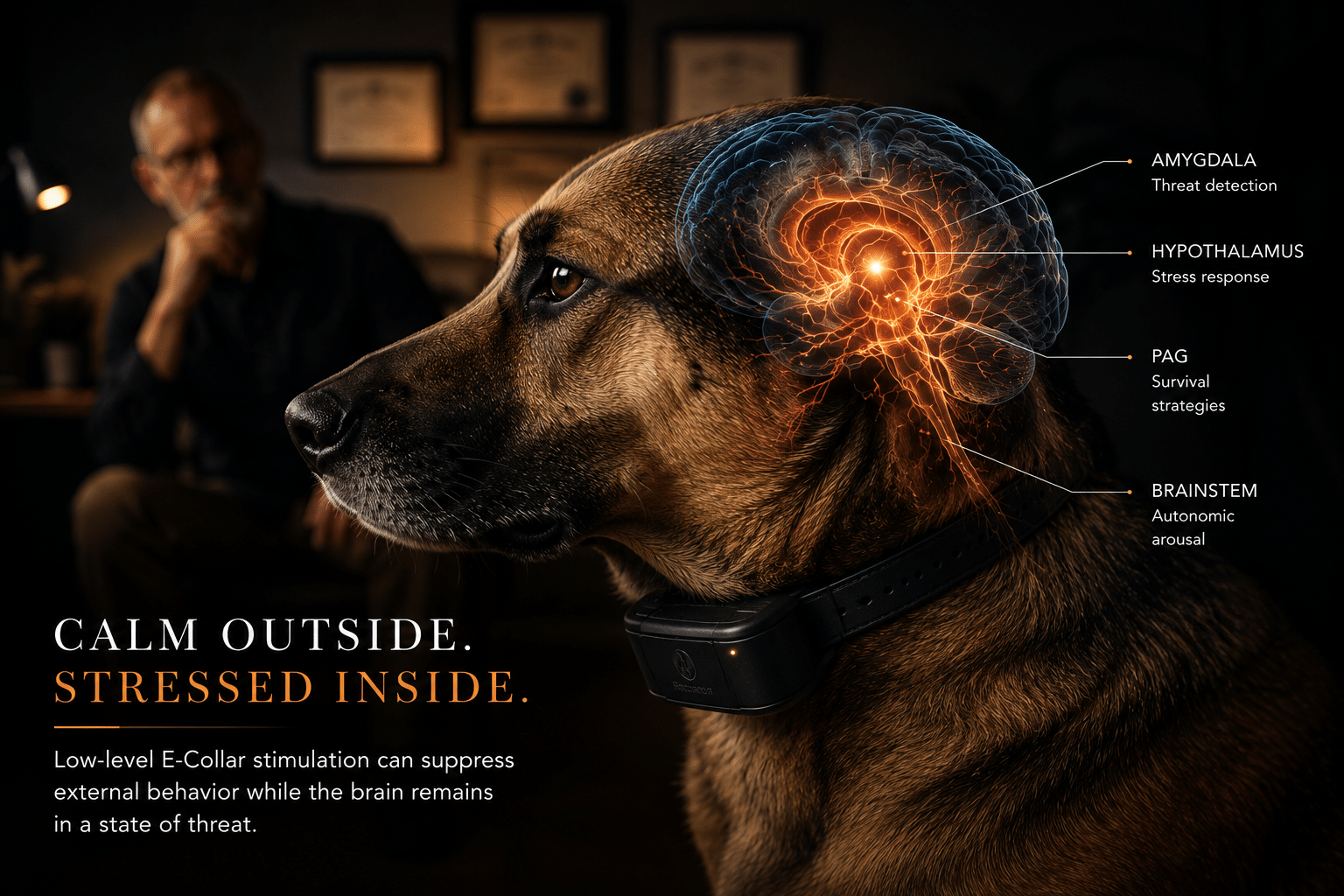 Hyper-realistic image of a dog wearing a low-level e-collar with a neurological brain overlay illustrating stress and threat processing, created for an educational article by Will Bangura, certified canine behaviorist in Phoenix, Arizona.
