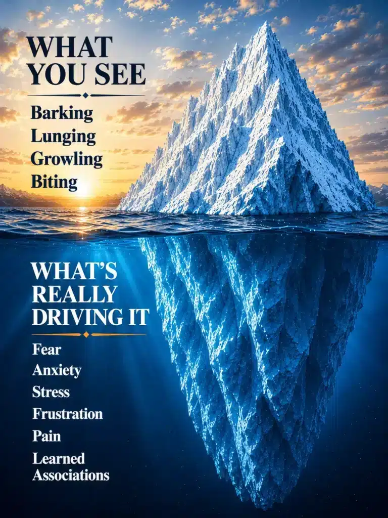 Dog aggression shown as an iceberg, the visible barking and lunging above the surface and the fear, anxiety, and stress driving it beneath.