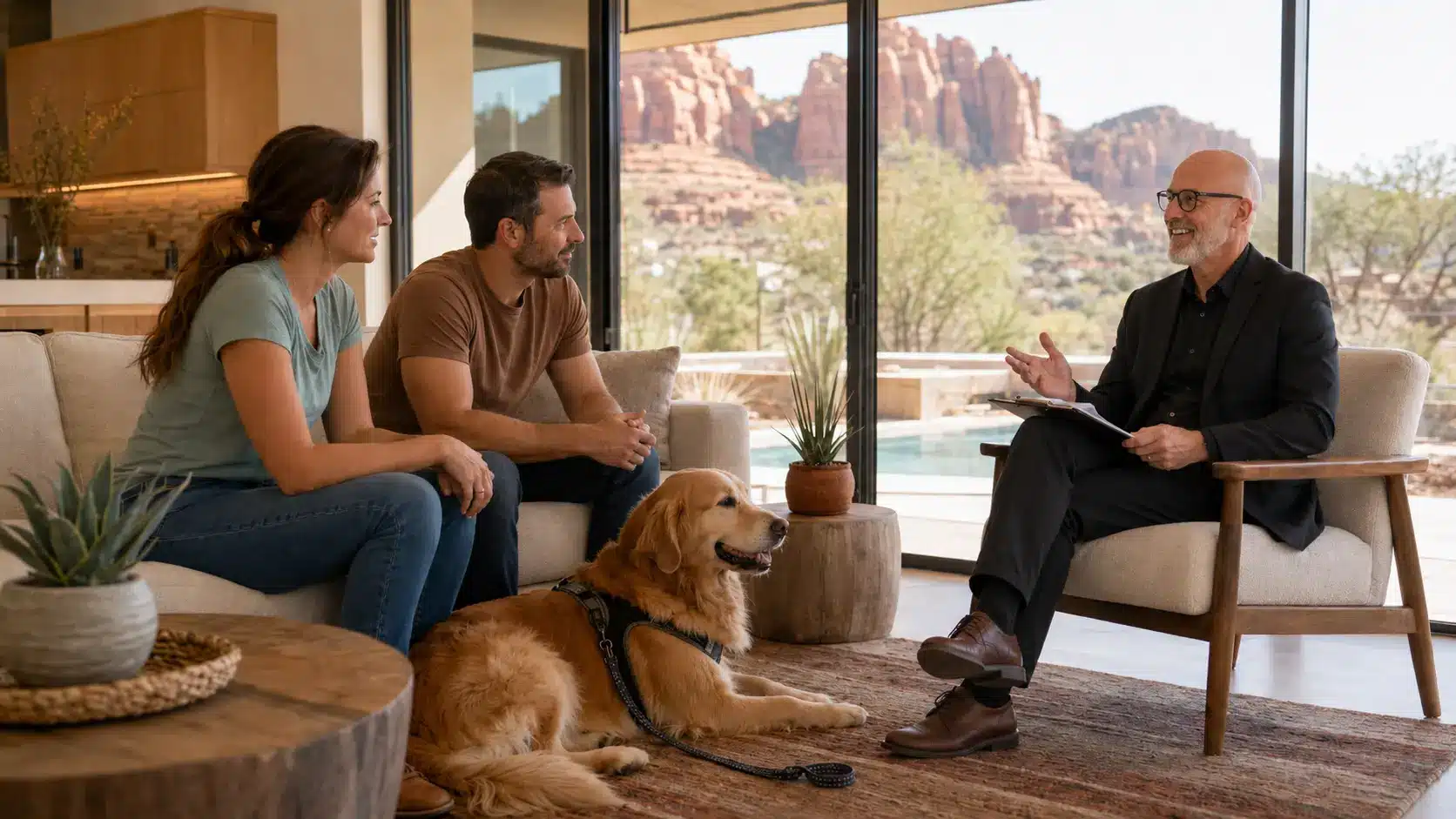 Certified dog behaviorist in Tempe, AZ working calmly with a dog during a professional canine behavior consultation.