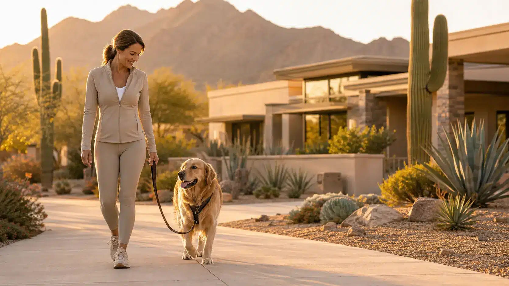Golden retriever walking calmly on a loose leash in a Y-front harness beside its pet parent during positive reinforcement dog training in Scottsdale, Arizona