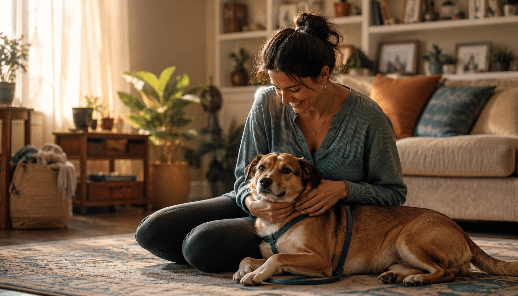 Pet parent relaxing on the floor at home, bonding with her calm, content dog