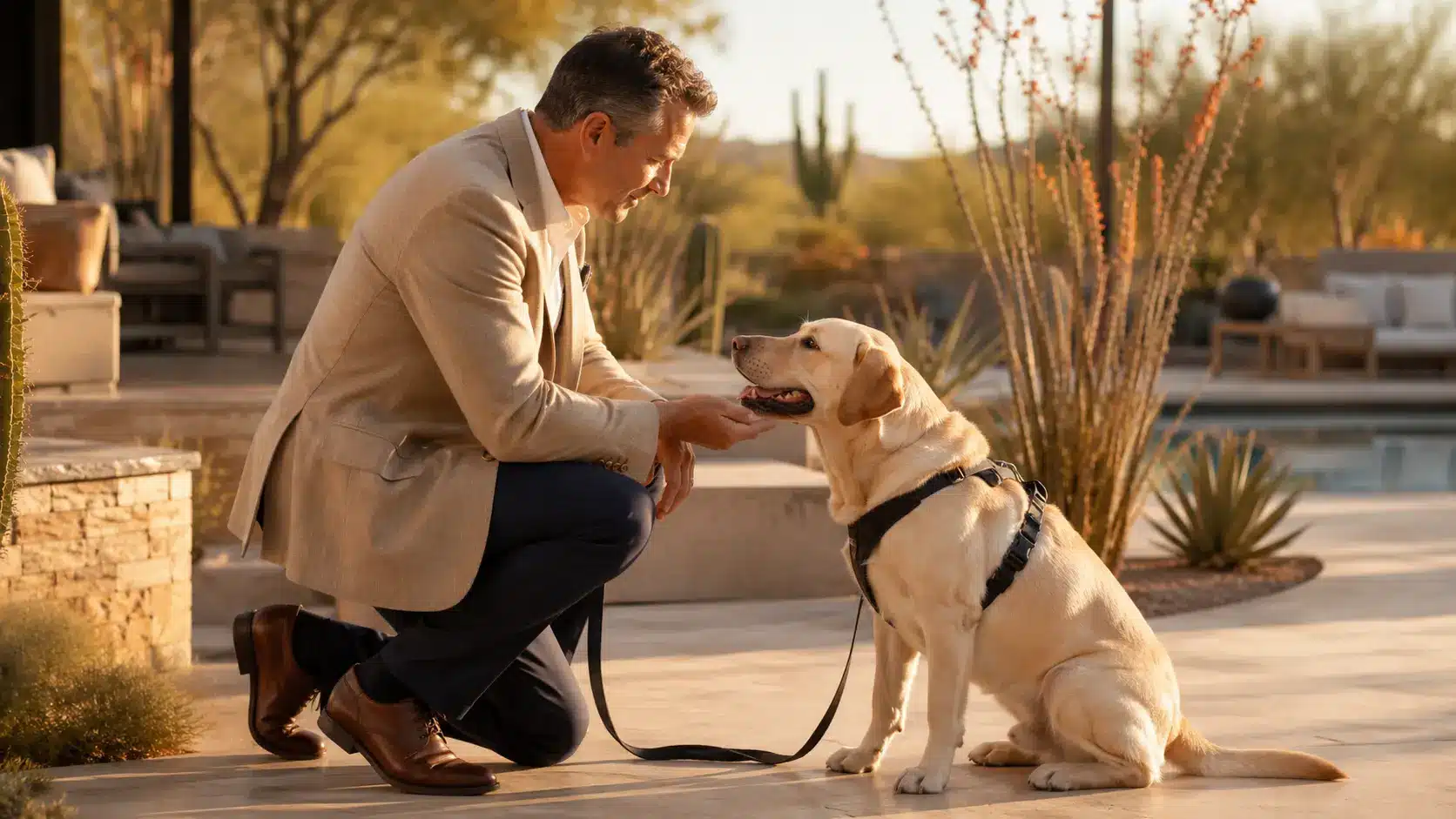 Pet parent rewarding a Labrador with a treat during force-free, positive reinforcement dog training in Scottsdale, Arizona