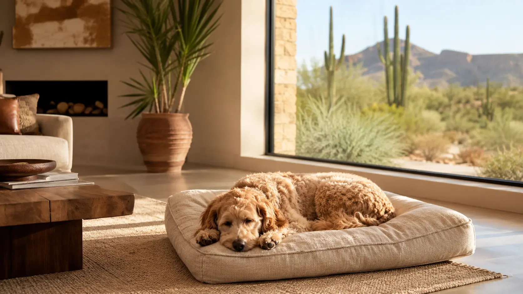 Relaxed goldendoodle settled calmly on its bed, illustrating force-free dog and puppy training in Scottsdale, Arizona