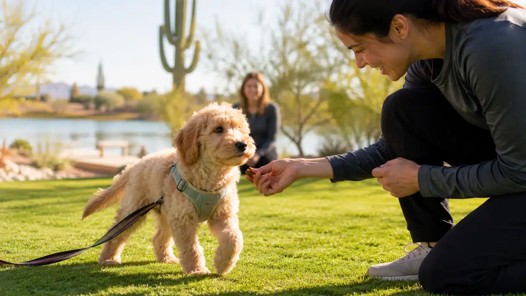 Puppy training, socialization, and manners in Tempe, Arizona. A confident young Goldendoodle learns social skills and good manners through positive, reward based experiences during a critical developmental window.