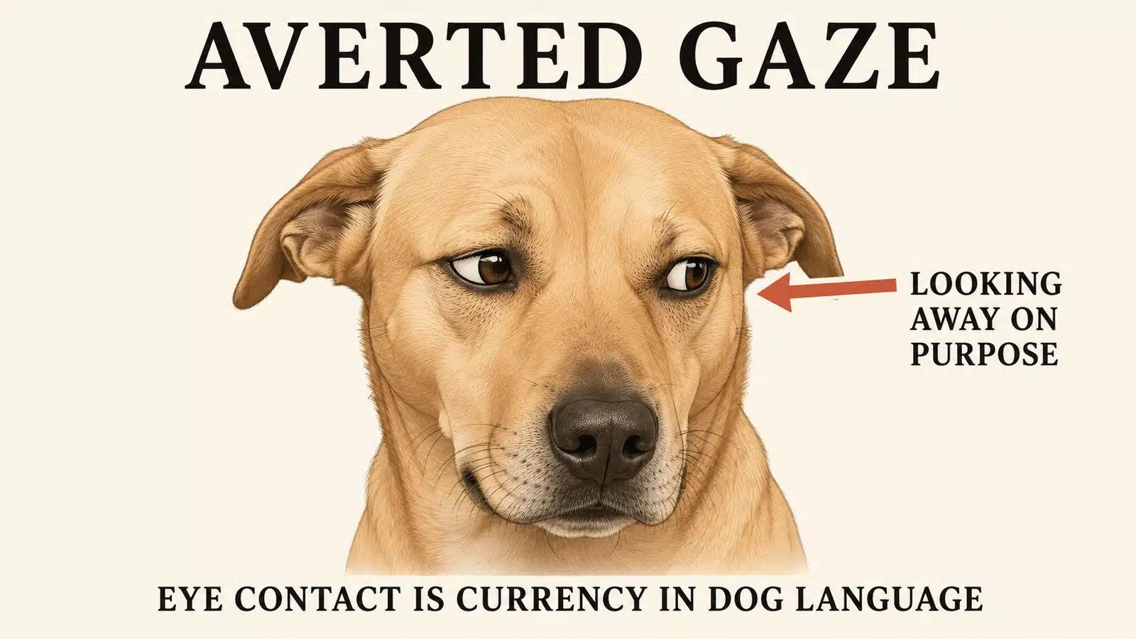 Dog holding its head level but rotating its eyes away to avoid direct eye contact