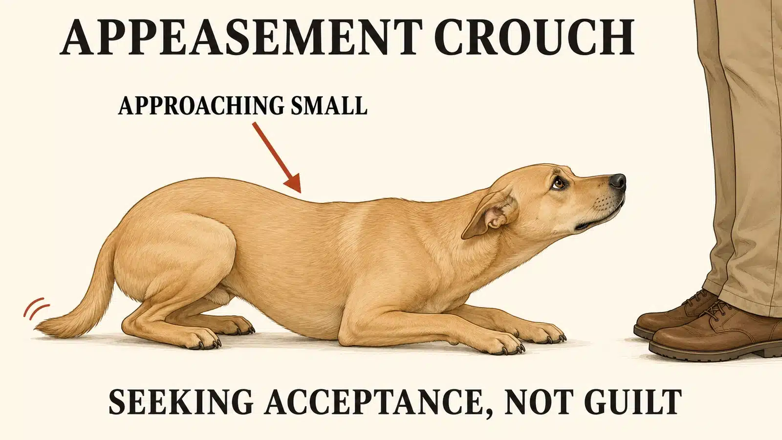 Dog crouching low while approaching a person, showing deference and appeasement
