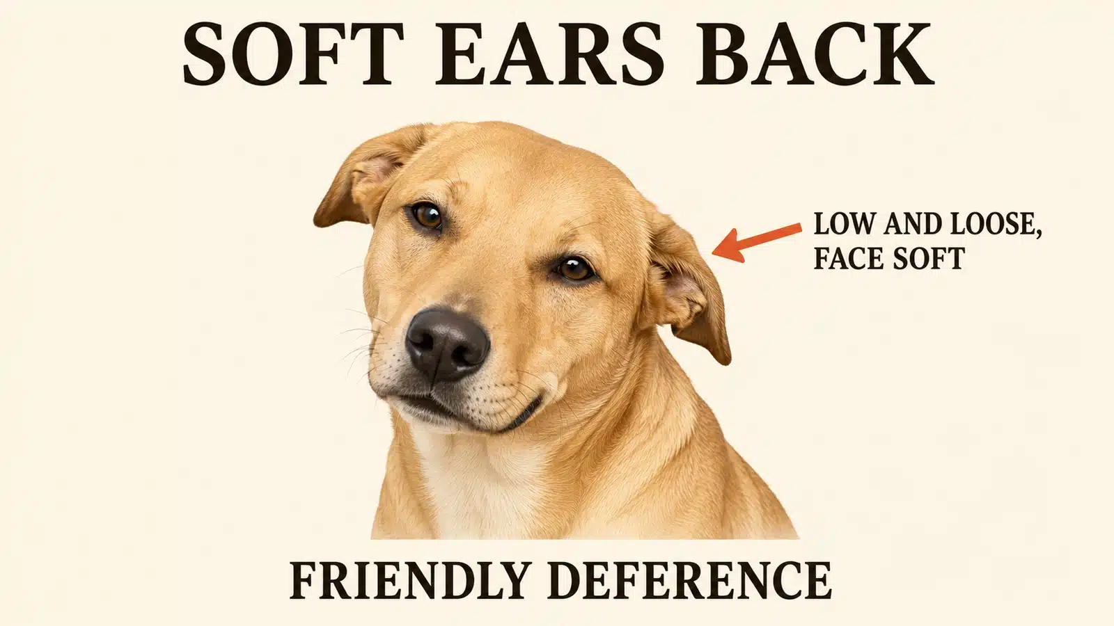 Dog with ears drawn back and a soft squinting face in friendly appeasement